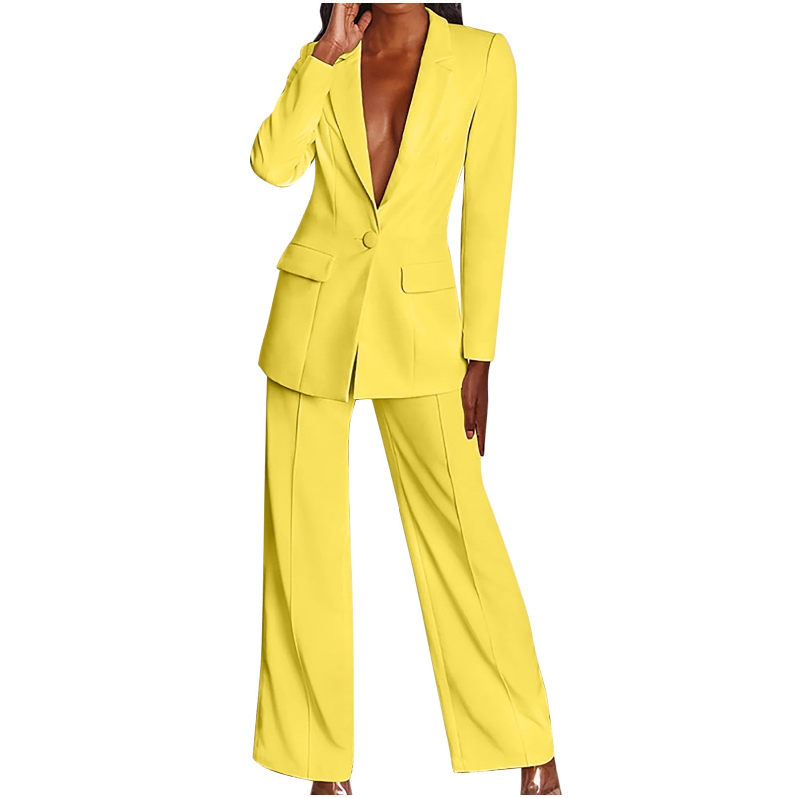 JSGEK Discount Sexy 2 Piece Outfits for Women Long Sleeve Solid Blazer with  Pants Casual Elegant Business Suit Sets Yellow XL 
