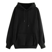 JSGEK Discount Sweatshirt for Women Solid Color Sweatshirts Long Sleeve Shirts Casual Crewneck Warm Pullover Pocket Drawstring Hoodies Womens Fall Fashion Tops Black L