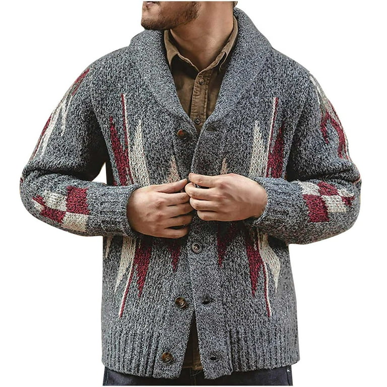 JSGEK Discount Winter Cable Knit Casual Cardigan Lapel Long Sleeve Opem  Front Sweater with Buttons for Men Gray XL