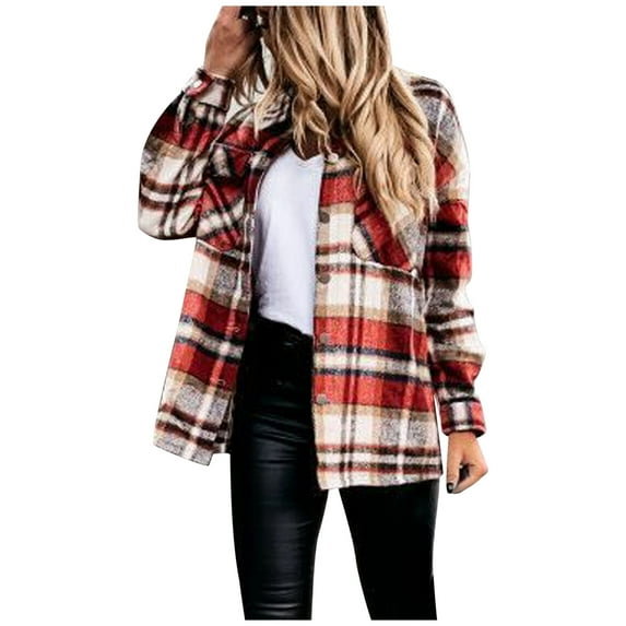 JSGEK Women's Casual Fashion Flannel Jacket Button Down Plaid Color Matching Pocket Plus Fleece Shacket Lapel Collar Loose Coat Shirt Fall Jacket Shackets Red XL