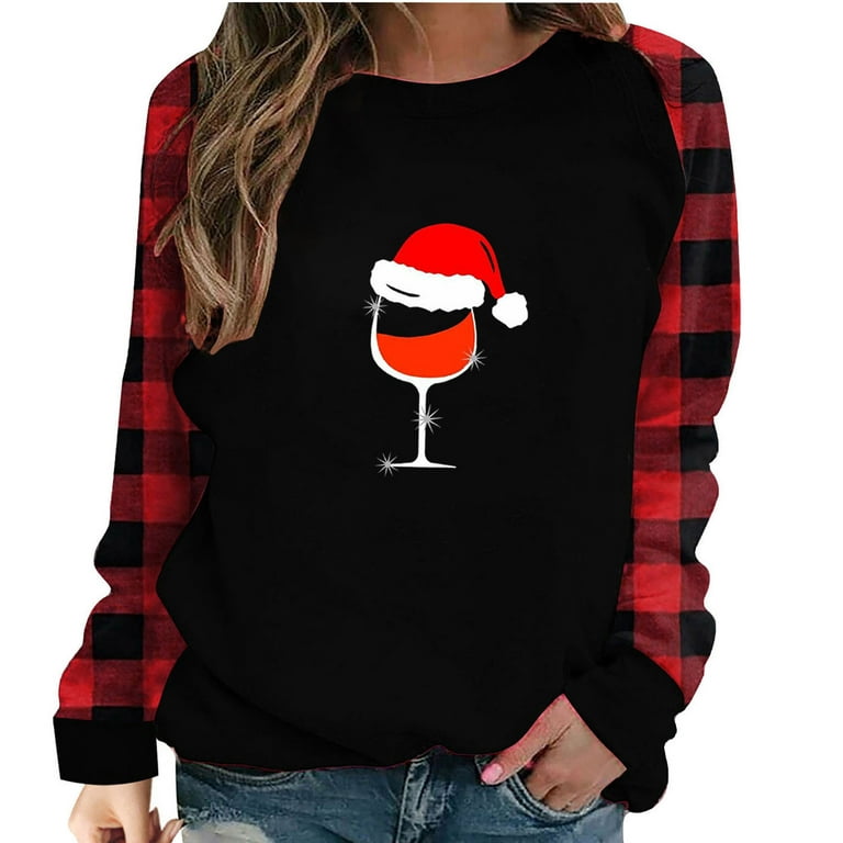 JSGEK Discount Women's Christmas Round Neck Plaid Print Splicing Long  Sleeve SweaT-shirts Blouse T-shirt Tops Black XL 