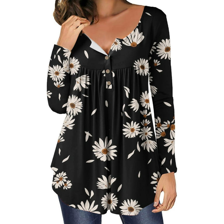 JSGEK Discount Women s Fall Fashion Tops Dressy Casual Blouse Pleated Swing Pullover Floral Print Shirt Loose Fit Tee Shirts Long Sleeve Shirts For
