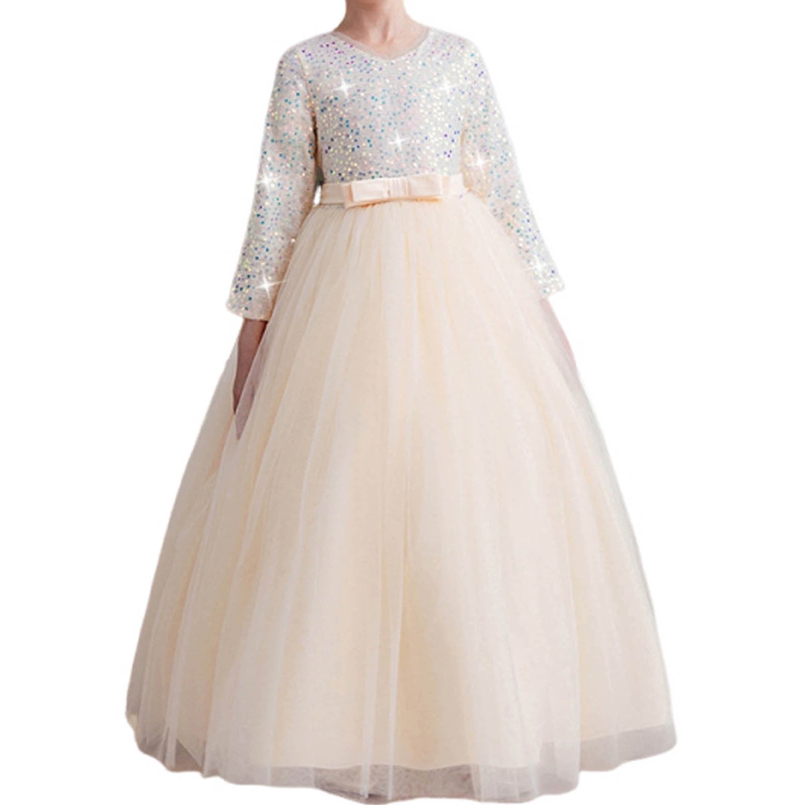 JSGEK Floral Girls Vintage Lace Long Sleeve Bridesmaid Dress Princess Wedding Party Pageant Evening Formal Prom Ball Gown Beige 10-11Years