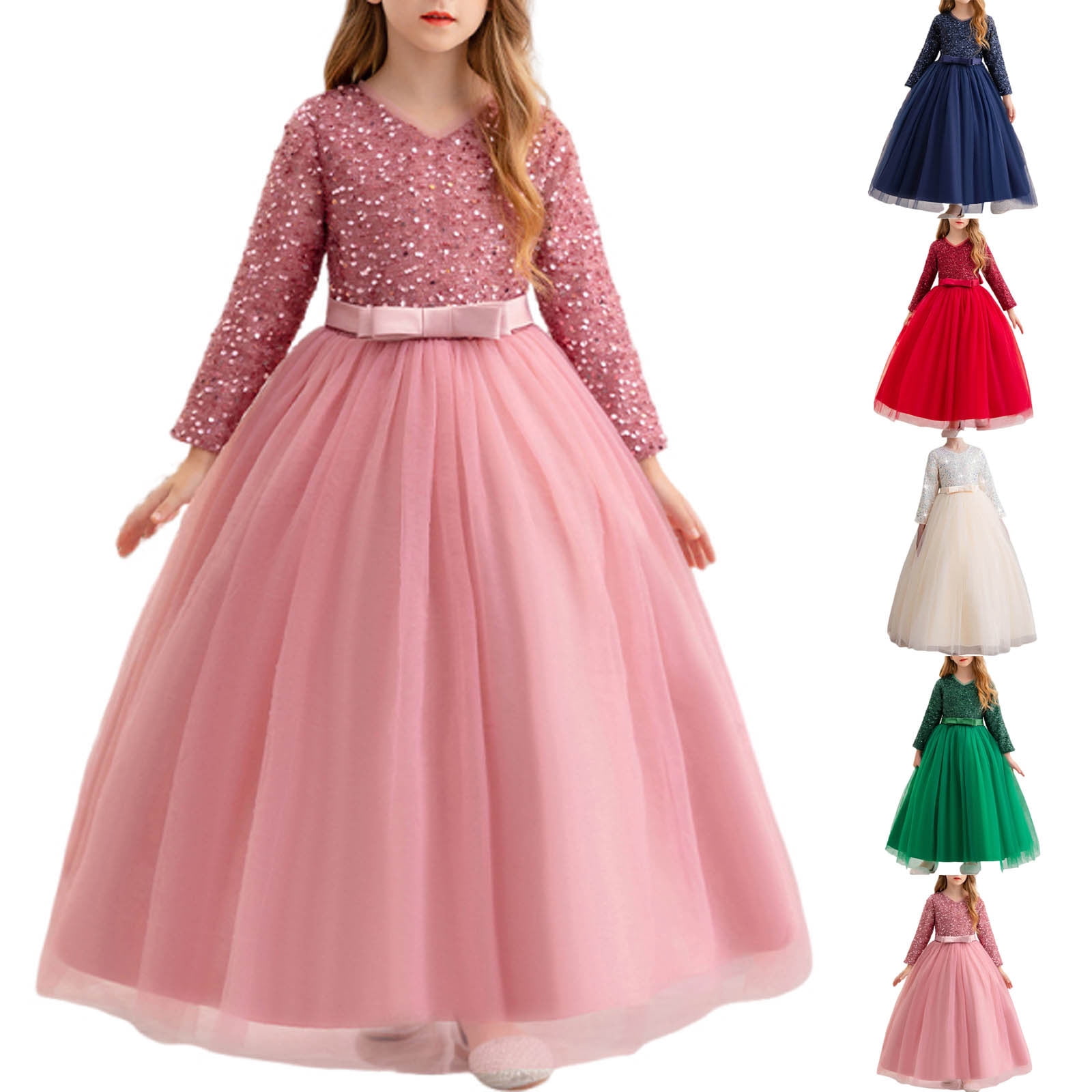 JSGEK Floral Girls Vintage Lace Long Sleeve Bridesmaid Dress Princess Wedding Party Pageant Evening Formal Prom Ball Gown Beige 7-8Years