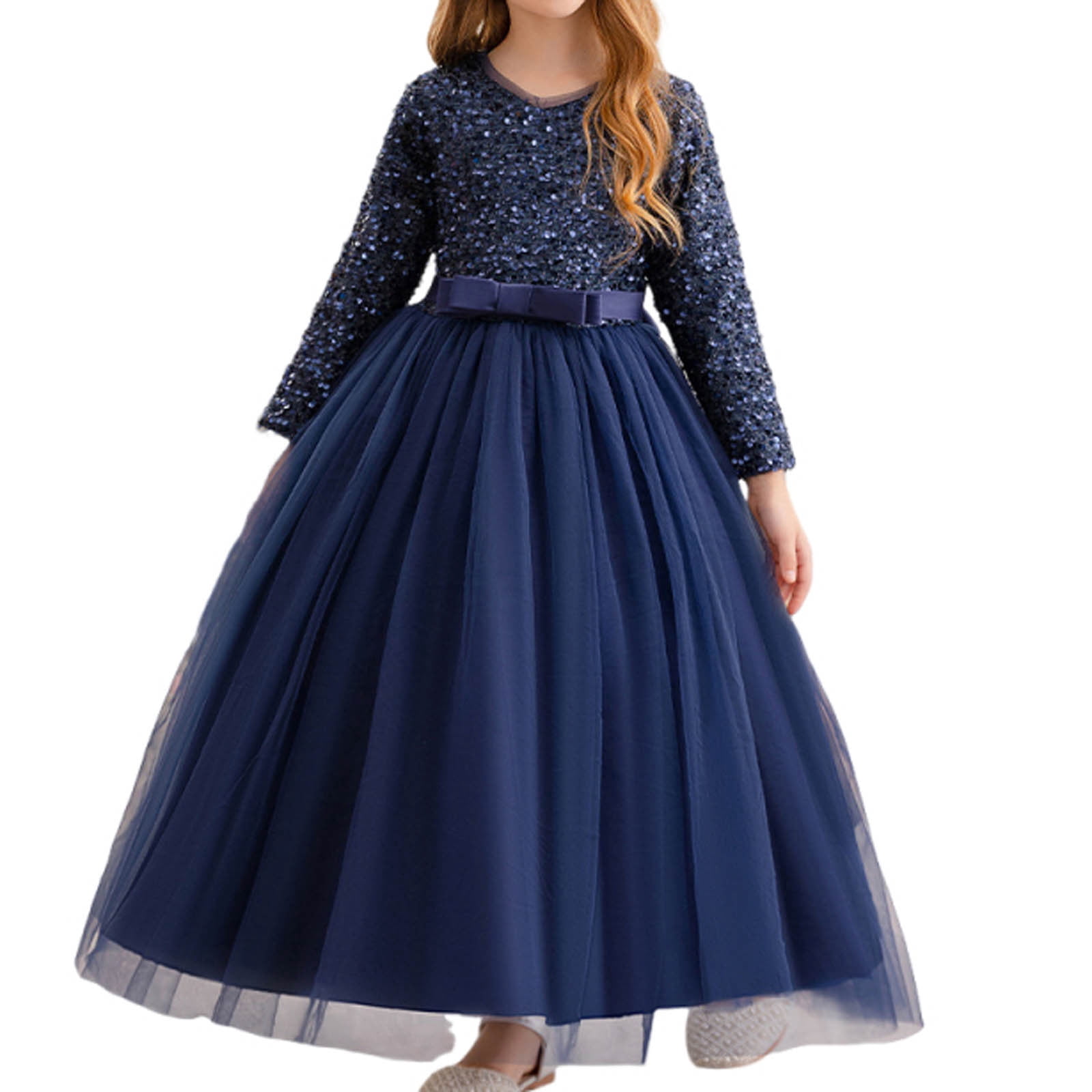 JSGEK Floral Girls Vintage Lace Long Sleeve Bridesmaid Dress Princess Wedding Party Pageant Evening Formal Prom Ball Gown Blue 14-15Years