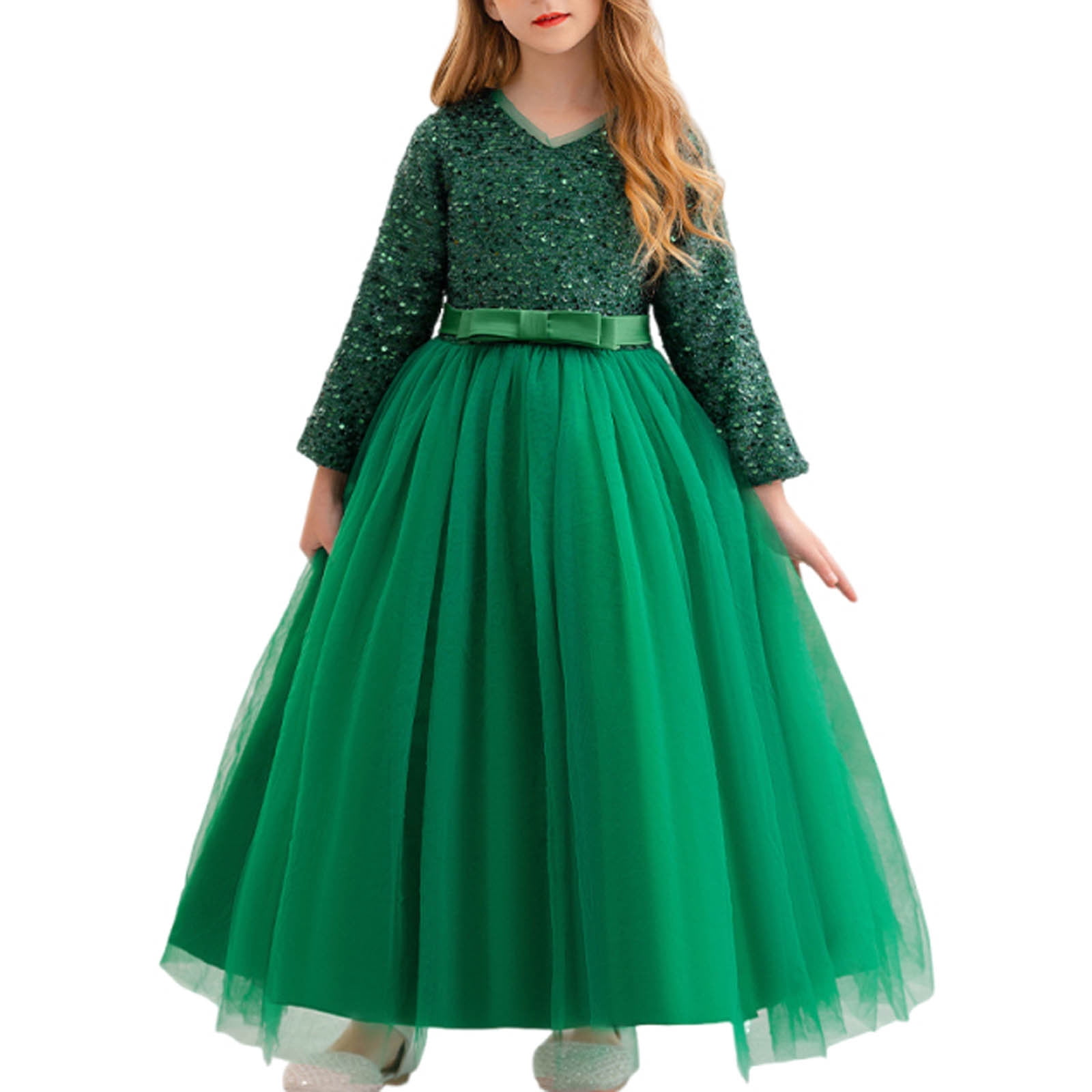 JSGEK Floral Girls Vintage Lace Long Sleeve Bridesmaid Dress Princess Wedding Party Pageant Evening Formal Prom Ball Gown Green 7-8Years
