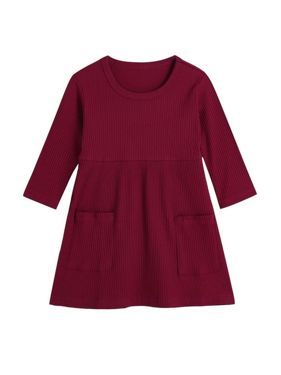 Girl Dress Long Sleeve Solid Color Casual Dresses Girls Spring Summer Crew Neck Soft Comfy Dress with Pockets Red 4 Years