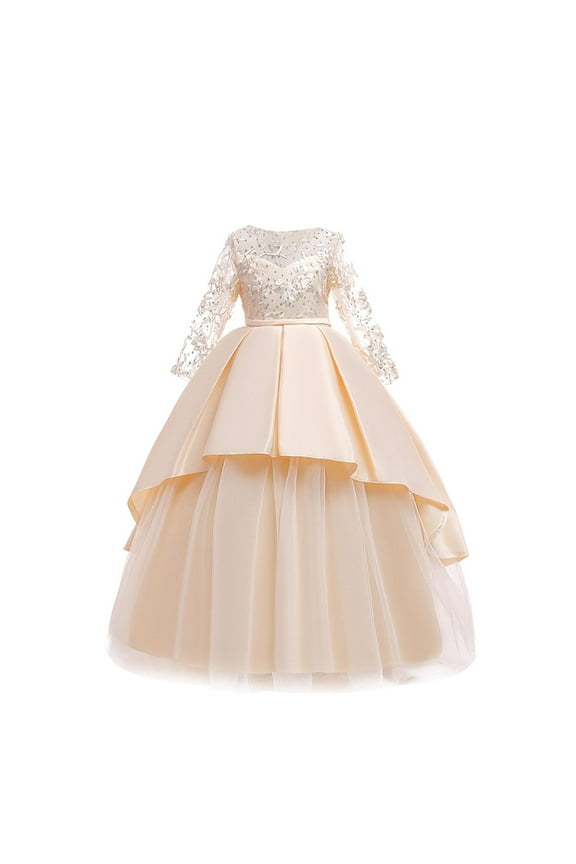 Girls Applique Tulle Lace Long Sleeve Dress Princess Wedding Birthday Pageant Party Communion Prom Long Maxi Ball Gown Yellow 7 Years