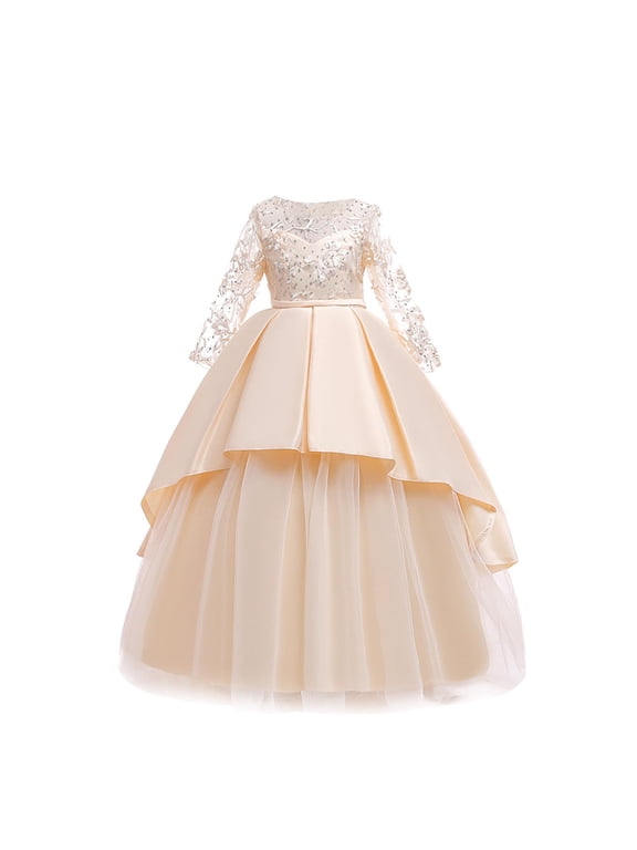 Girls Applique Tulle Lace Long Sleeve Dress Princess Wedding Birthday Pageant Party Communion Prom Long Maxi Ball Gown Yellow 9 Years