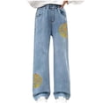 thumbnail image 1 of JSGEK Girls' Denim Jeans Embroidered Wide Leg Loose Fit Pants Stretchy Comfortable Kids Fashion Jeans Blue 9 Years, 1 of 3