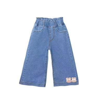 JSGEK Girls' Denim Jeans Wide Leg Elastic Waist Pants with Bowknot Decoration Toddler Baby Kids Comfortable Trousers Blue 4 Years