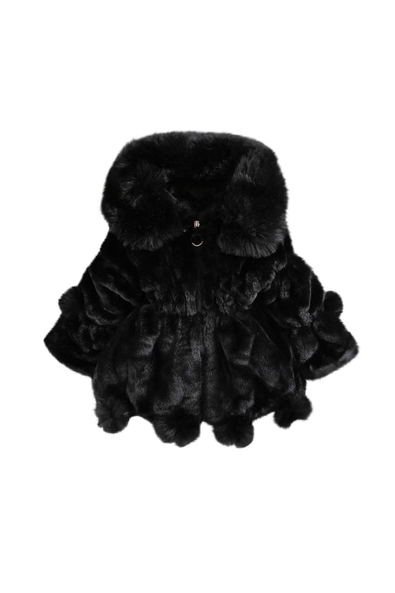 Girls' Faux Fur Coat Winter Warm Hooded Jacket Fluffy Plush Outwear Black 5-6 Years