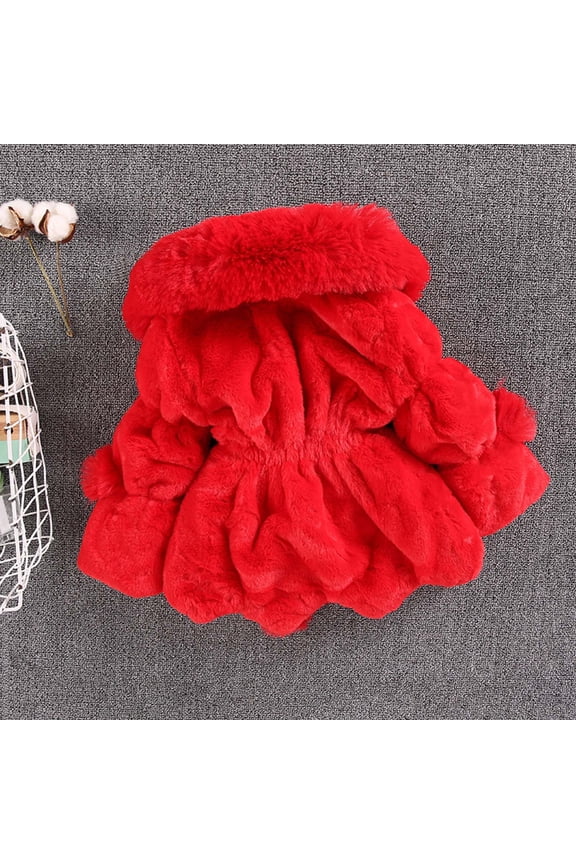 Girls' Faux Fur Coat Winter Warm Hooded Jacket Fluffy Plush Outwear Red 12-18 Months