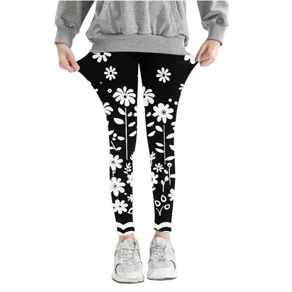 JSGEK Girls' Floral Print Leggings High Waist Stretchy Yoga Pants Workout Running Tights Comfortable Breathable Flower Leggings Sport Fitness Pants Activewear Black 6 Years