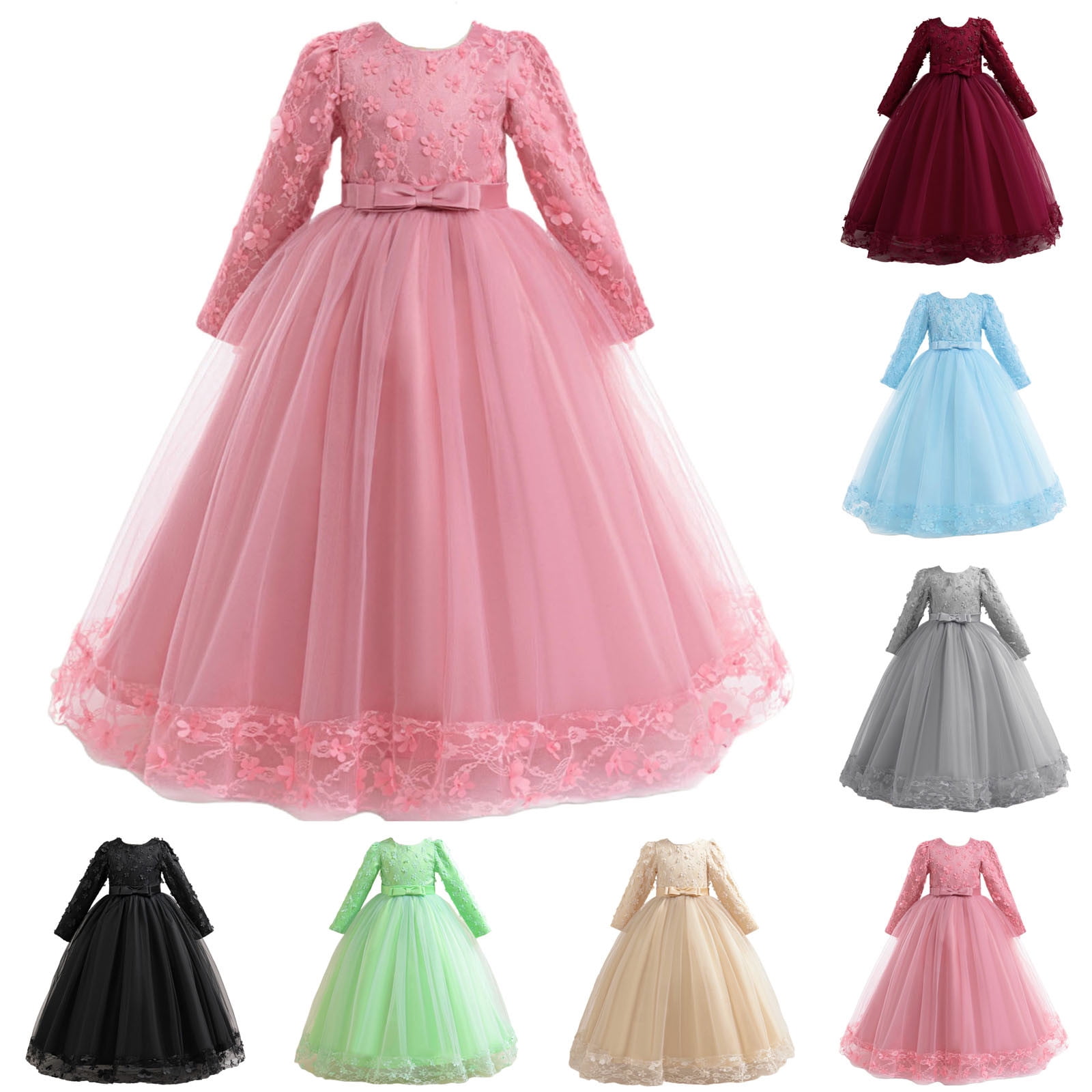 JSGEK Girls Flower Vintage Floral Lace 3/4 Sleeves Floor Length Dress Wedding Party Evening Formal Pegeant Dance Gown Black 3-4Years