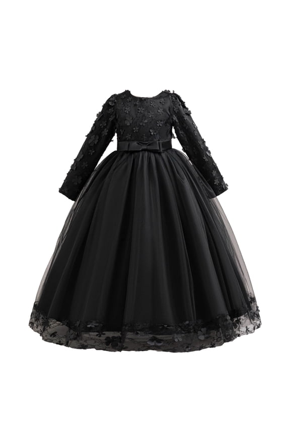 Girls Flower Vintage Floral Lace 3/4 Sleeves Floor Length Dress Wedding Party Evening Formal Pegeant Dance Gown Black 7-8Years