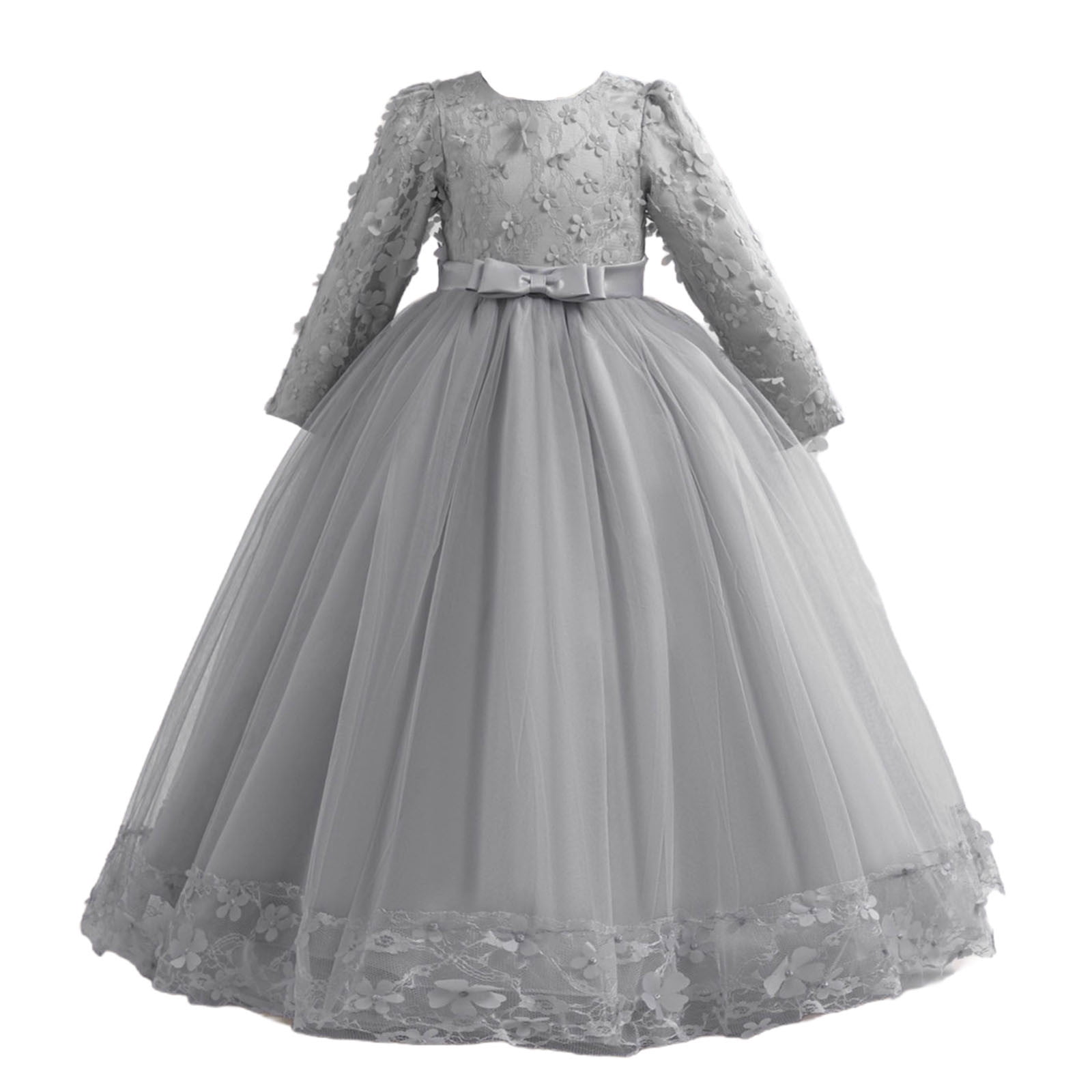 JSGEK Girls Flower Vintage Floral Lace 3/4 Sleeves Floor Length Dress Wedding Party Evening Formal Pegeant Dance Gown Gray 7-8Years