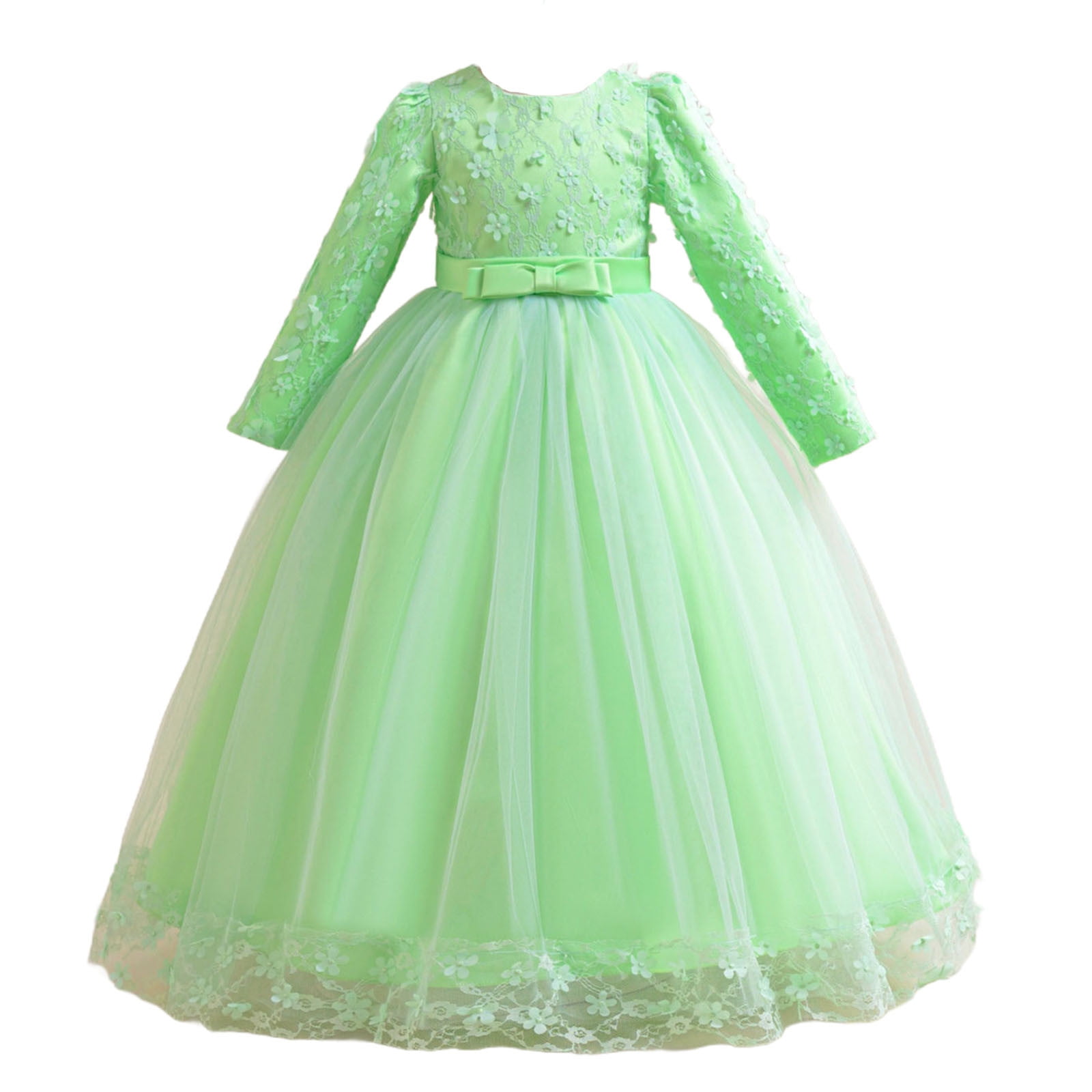 JSGEK Girls Flower Vintage Floral Lace 3/4 Sleeves Floor Length Dress Wedding Party Evening Formal Pegeant Dance Gown Green 9-10Years
