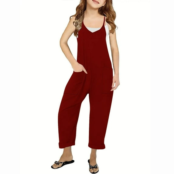 JSGEK Girls' Jumpsuit Sleeveless Loose Fit Overalls with Pockets Summer Clothes for Kids Wine 9 Years