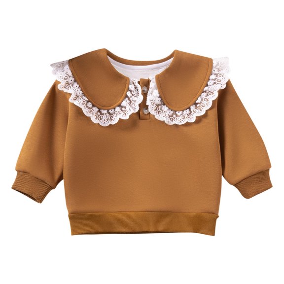 JSGEK Girls Long Sleeved Round Neck Doll Collar Hoodie Cute Casual Top with Warm Lace Details Comfortable Wear for Everyday Casual Occasions Photography Birthday Parties Brown 1 Years