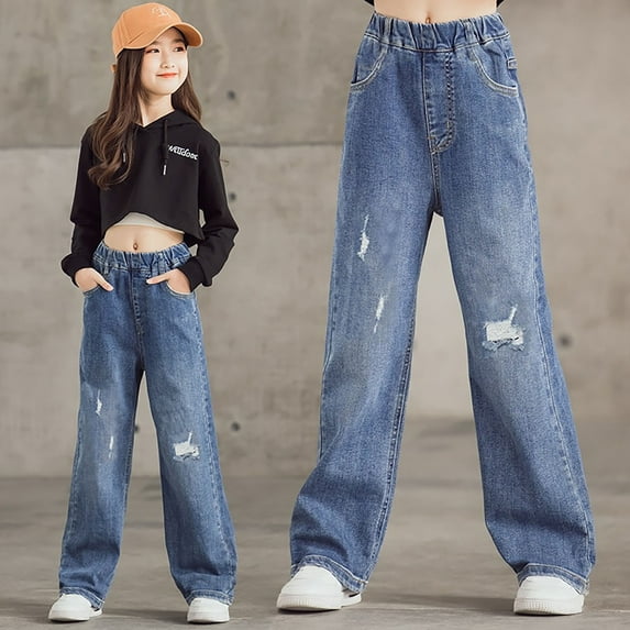 JSGEK Girls Ripped Jeans Wide Leg Denim Pants Loose Fit Straight Trousers Elastic Waist Kids Jeans Stretchy Comfortable Blue 160