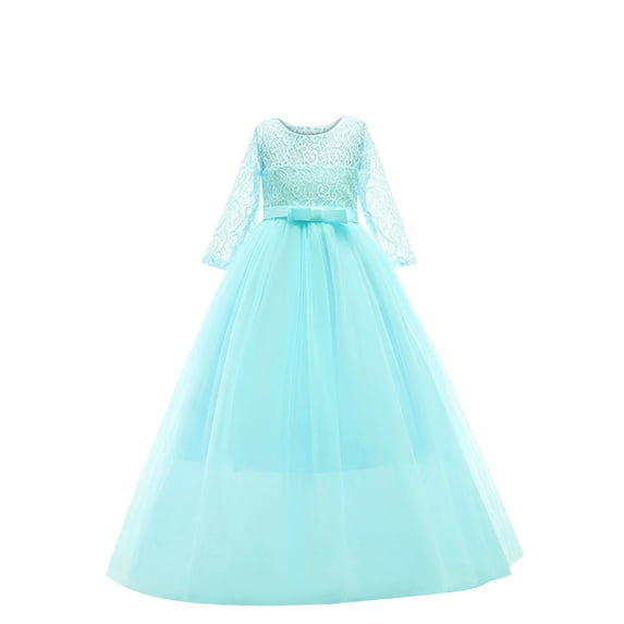 JSGEK Girls Tulle Dress Crewneck Long Sleeve Lace Dresses Formal Pageant Party Prom Maxi Dress Green 140