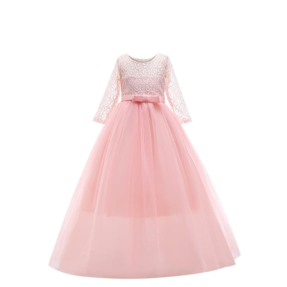 JSGEK Girls Tulle Dress Crewneck Long Sleeve Lace Dresses Formal Pageant Party Prom Maxi Dress Pink 130