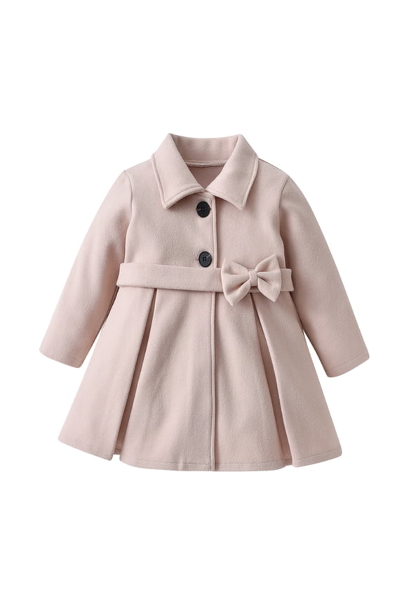 Girls Winter Coat Warm Fleece Lined Button Up Long Sleeve Bow Tie Jacket Outwear Beige 2Y
