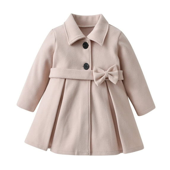 JSGEK Girls Winter Coat Warm Fleece Lined Button Up Long Sleeve Bow Tie Jacket Outwear Beige 6Y