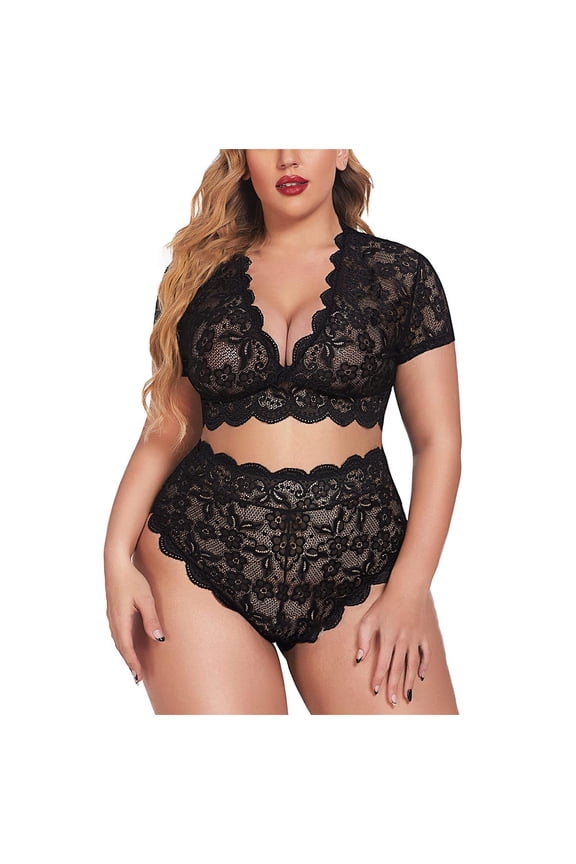 Lace Lingerie for Women Plus Size Tummy Control Underwear Sexy Deep V Neck Short Sleeve Crop Top and Panties Set Black XXXL