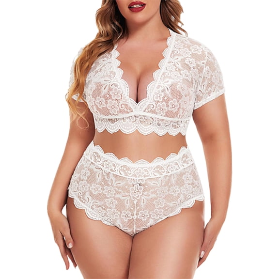 JSGEK Lace Lingerie for Women Plus Size Tummy Control Underwear Sexy Deep V Neck Short Sleeve Crop Top and Panties Set White XXXL
