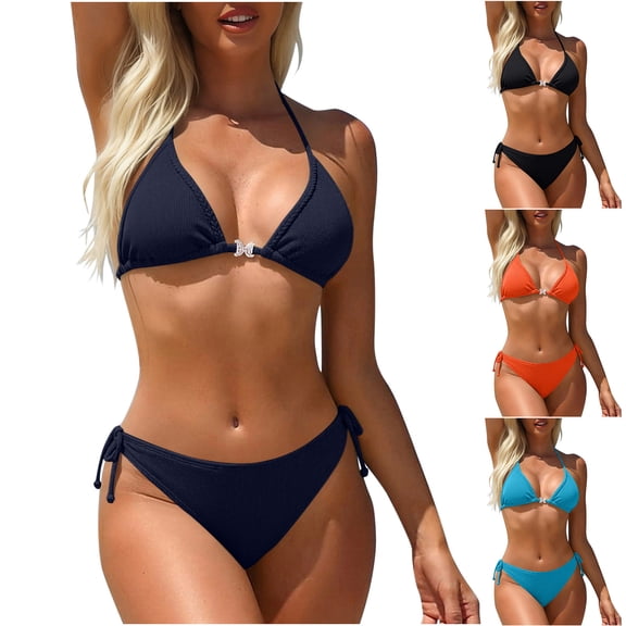 JSGEK Ladies Bikini Bathing Suit Backless Pleated UV Protection For Summer Swimming Activities Premium Premium Blue L