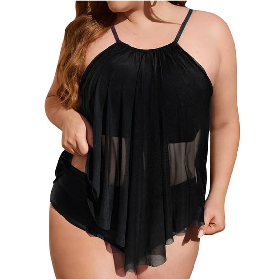 JSGEK Ladies Two Piece Bathing Suit Plus Size 2 Piece Halter Neck Great For Water Sports And Leisure Premium Black XL