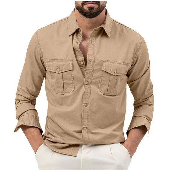 JSGEK Long Sleeve Long Sleeve Turn Down Collared Tops Casual Clothes for Men Regular Fit Solid Color Loose Vintage Men's Spring BusinessShirts Button Down Blouse Khaki L
