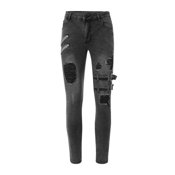 JSGEK Men's Cargo Sweatpants Jeans with Hole Trendy Ripped Jeans for Men Distressed Destroyed Pants Fashion Male Tapered Leg Slim Denim Regular Fit Comfort Trousers Gray XL