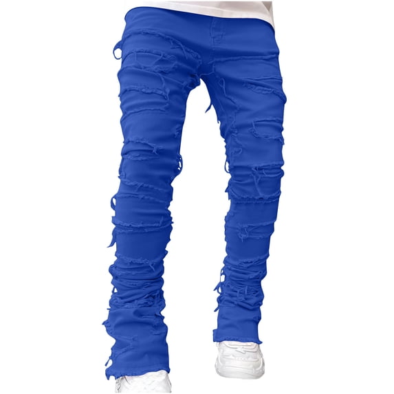 JSGEK Men's Cargo Sweatpants Slim Denim Regular Fit Comfort Jeans with Hole Male Fashion Tapered Leg Ripped Jeans for Men Trendy Distressed Destroyed Pants Trousers Blue S