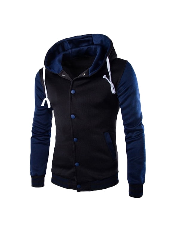 Men's Fashion Casual Hooded Jacket Outdoor Button Down Single-breasted Pocket Patchwork Jacket Tooling Baseball Uniform Jacket with Drawstring Dark Blue L