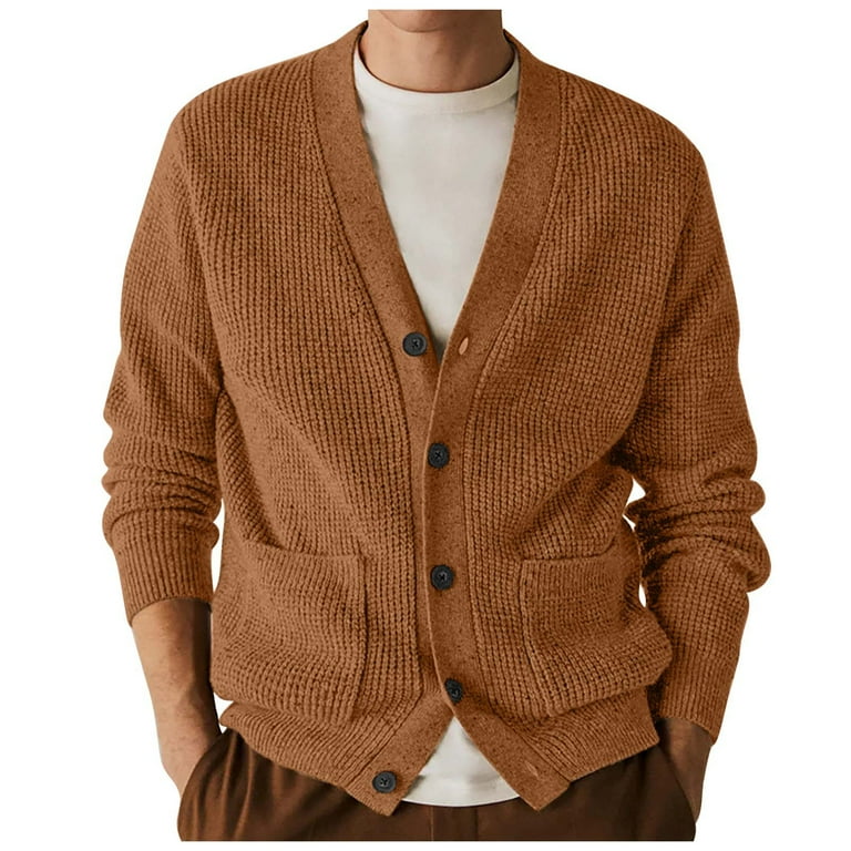 JSGEK Men s Outerwear Jacket Button Down Solid Color V Neck Collared Long Sleeve Clearance Loose Vintage Long Sleeve Cardigan Sweaters Knitting