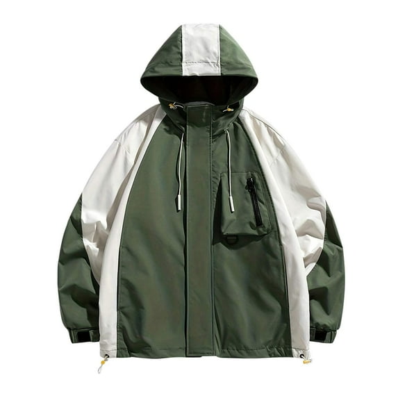 JSGEK Men's Outerwear Jacket Long Sleeve Zip up Hoodies Casual Clothes for Men Color Block Loose Vintage Long Sleeve Army Green L