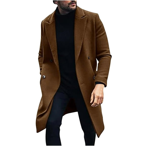 JSGEK Men's Trench Jacket Loose Vintage Button Down Plaid Mid Long Peacoat Long Sleeve Long Sleeve Turn Down Collared Business Overcoat Fashion Clothes for Men Brown S