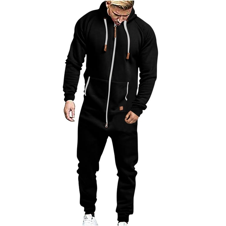 Lisingtool Overalls Men Artificial Wool Long Sleeve Pajamas Casual Solid  Color Zipper Loose Hooded Jumpsuit Pajamas Casual Winter Warm Rompe  Jumpsuit 1 Piece Suit on Sleepwear Tops Black 