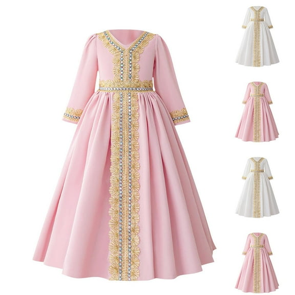 JSGEK Muslim Girls Abaya Embroidery Long Sleeve Prayer Dress Middle East Muslim Dubai Robe Ramadan Pink 4 Years
