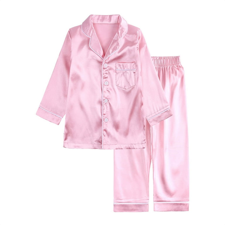 JSGEK Pajamas Kid Unisex Pjs Set Girls Boys Silk Pajamas Set Satin Long Sleeve 2 Piece Clasic Sleepwear Button Down Collared Long Sleeve Tops Long
