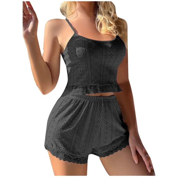 JSGEK Pajamas Set for Women Lace Modal Cami Cute Shorts Lingerie Sets Sleepwear Sweetness Camisole Lounge Nightwear V Neck Black M