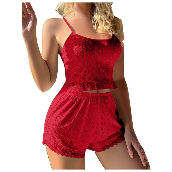 JSGEK Pajamas Set for Women Lace Modal Cami Cute Shorts Lingerie Sets Sleepwear Sweetness Camisole Lounge Nightwear V Neck Red S