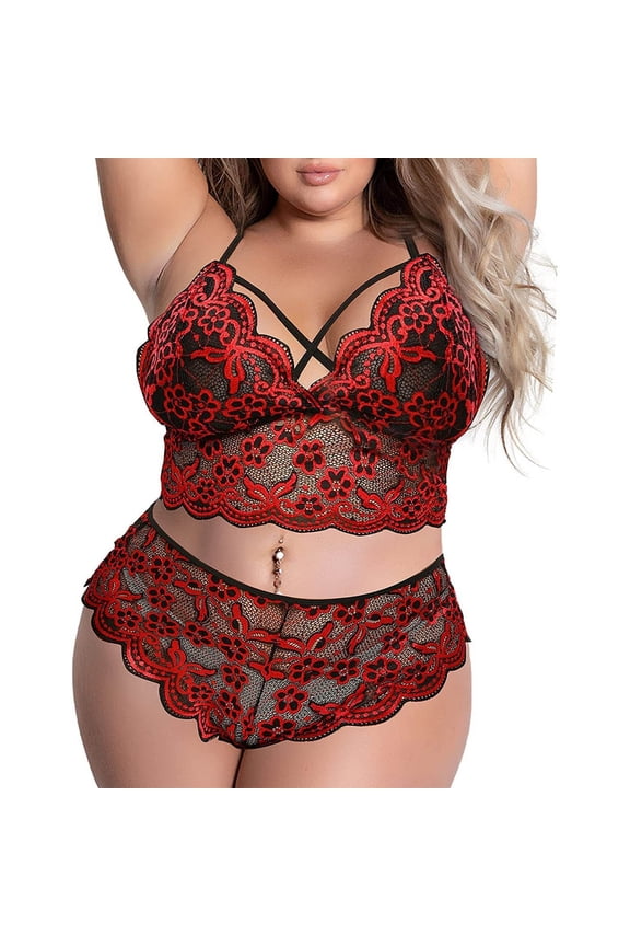 Plus Size Lingerie Set for Women High Waisted Bra and Panty Set Criss-Cross Lace Bralette Sets 2 Piece Underwear Red XXL