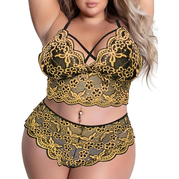 JSGEK Plus Size Lingerie Set for Women High Waisted Bra and Panty Set Criss-Cross Lace Bralette Sets 2 Piece Underwear Yellow XXL