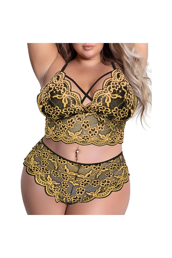 Plus Size Lingerie Set for Women High Waisted Bra and Panty Set Criss-Cross Lace Bralette Sets 2 Piece Underwear Yellow XXXL