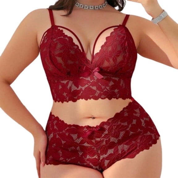 JSGEK Plus Size Lingerie Sets for Women Lace Bra 2PC Mesh Sheer Panties Valentine's Day Naughty Lingeries Red XL