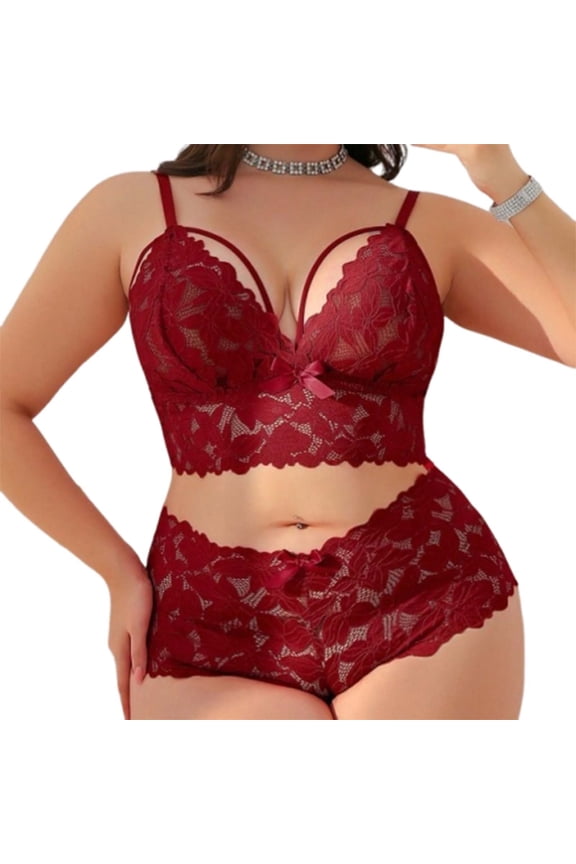 Plus Size Lingerie Sets for Women Lace Bra 2PC Mesh Sheer Panties Valentine's Day Naughty Lingeries Red XL